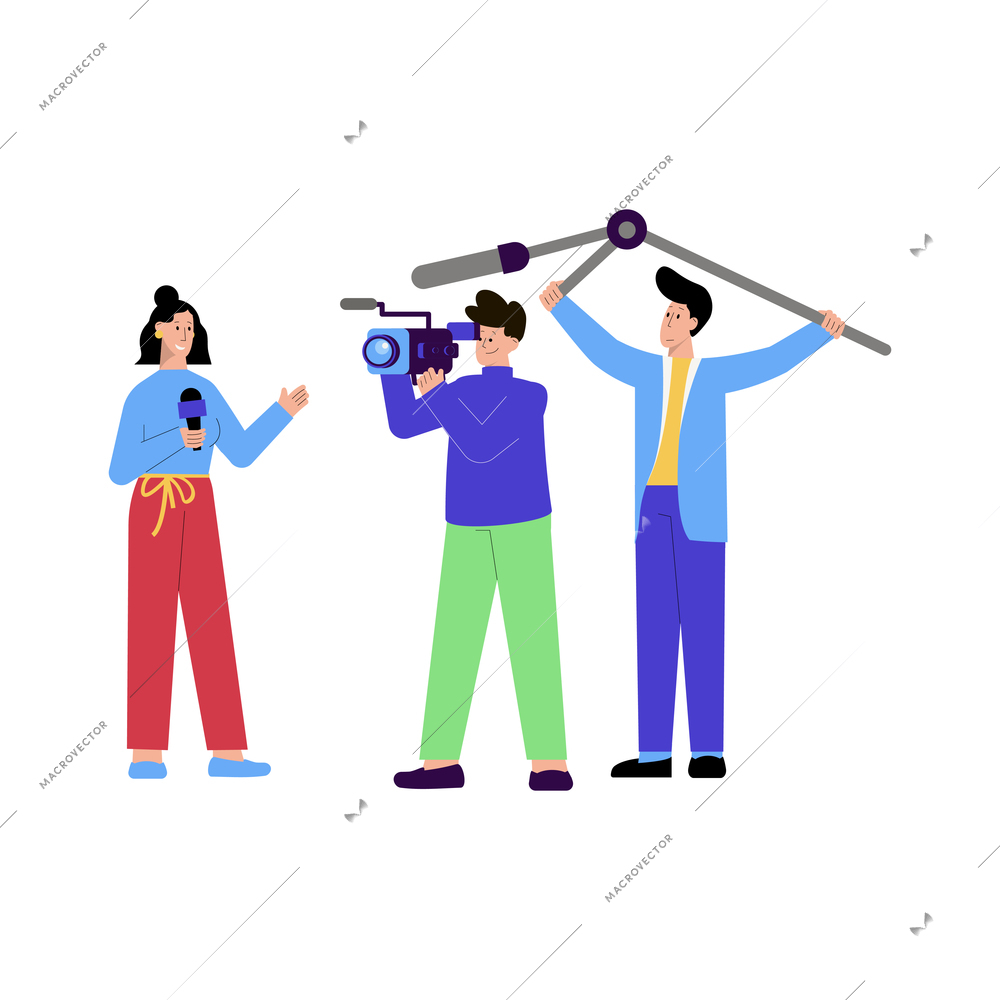 News composition with flat characters of shooting crew members with female reporter vector illustration