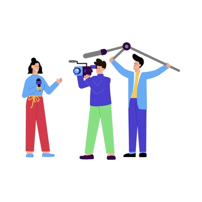 News composition with flat characters of shooting crew members with female reporter vector illustration