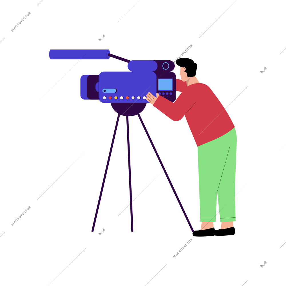News composition with flat doodle style character of operator and camera recorder on tripod vector illustration