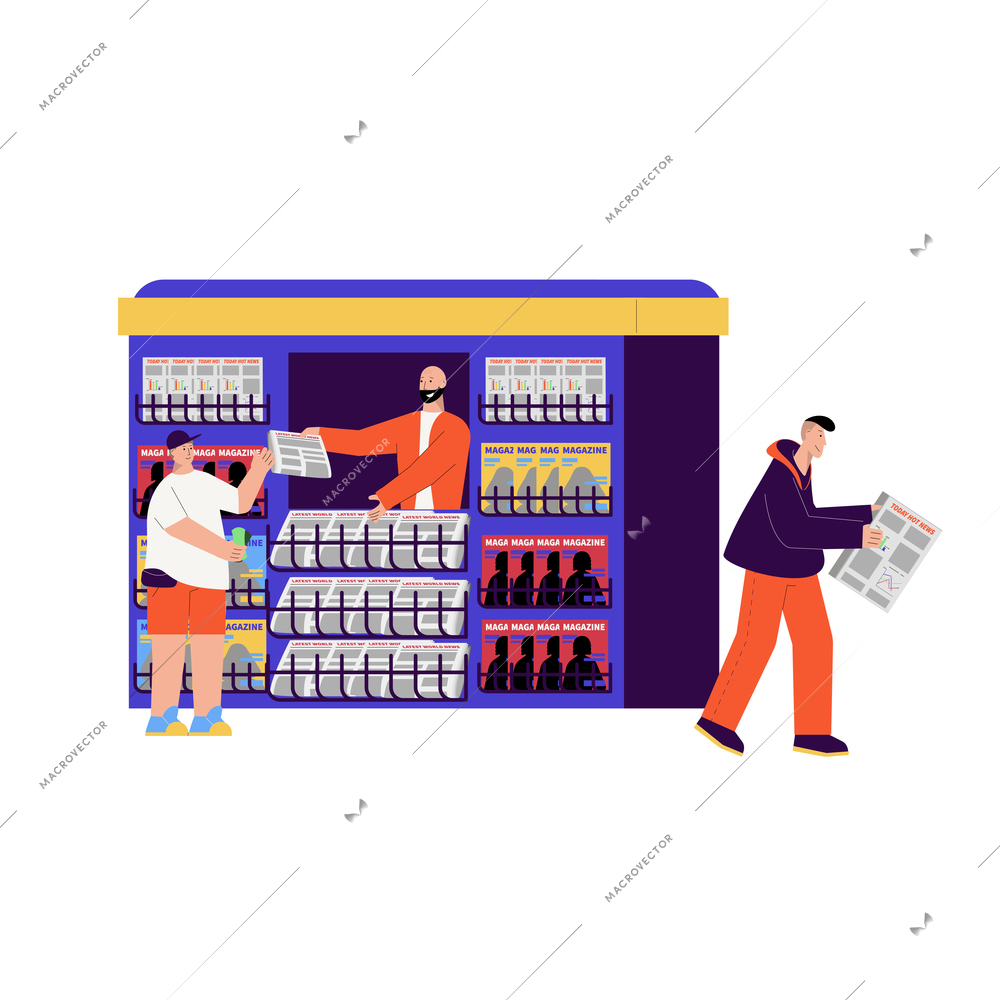 News composition with view of news stall with flat characters of seller and buyers vector illustration