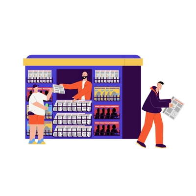 News composition with view of news stall with flat characters of seller and buyers vector illustration