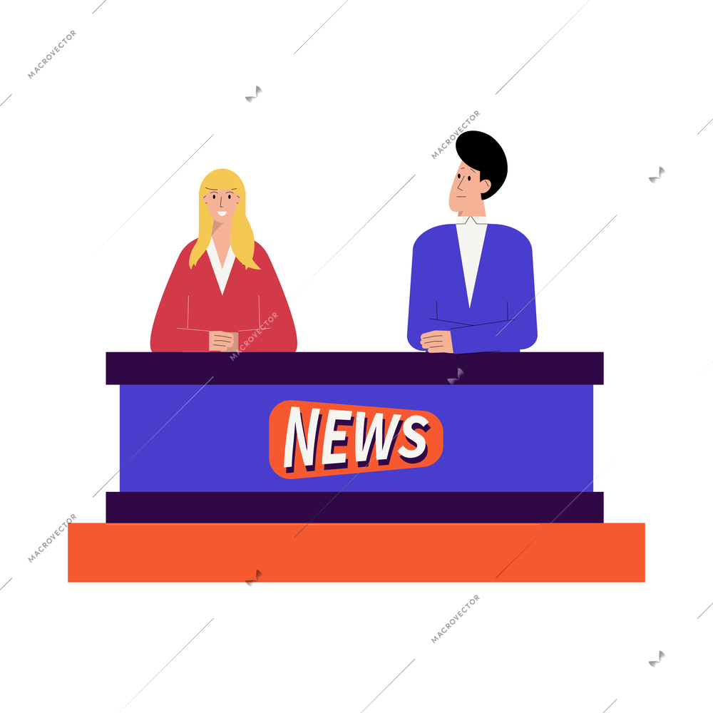 News composition with flat doodle characters of hosts of news broadcast on television vector illustration