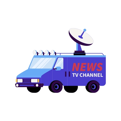 News composition with flat isolated image of broadcasting van with branding and satellite dish vector illustration