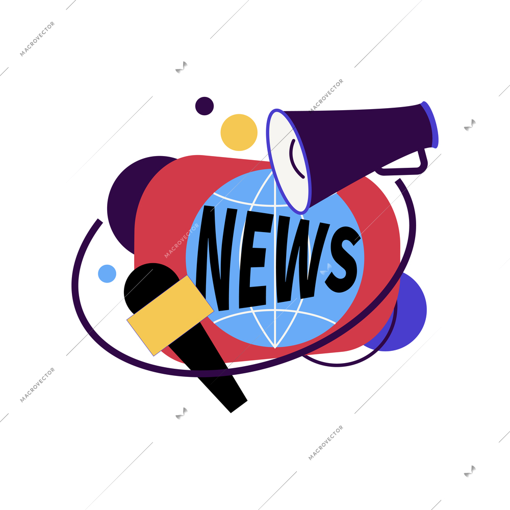 News composition with flat icons of earth globe with text megaphone and microphone images vector illustration