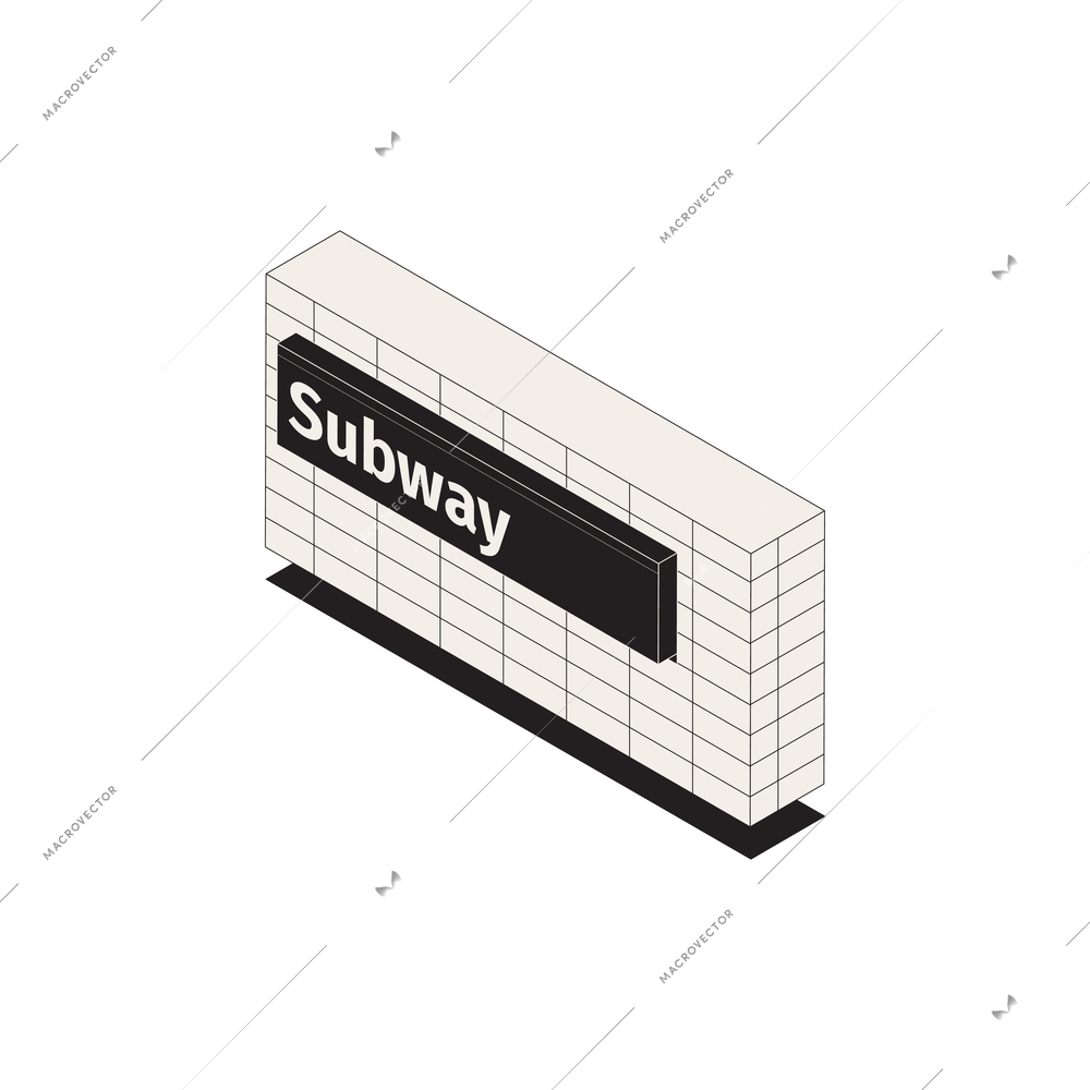 Subway isometric composition with piece of stations wall with sign board with stations name vector illustration