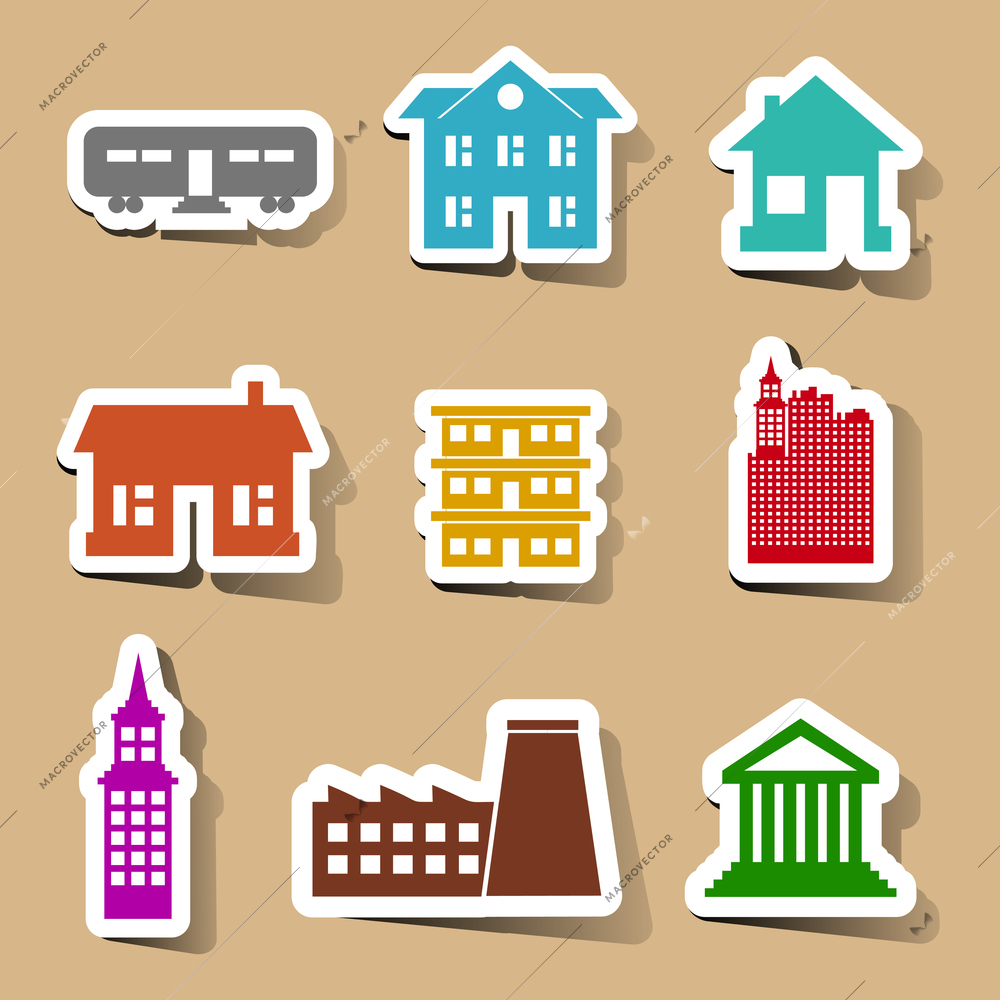 Building icons set on color stickers vector illustration