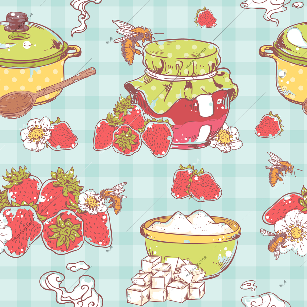 Sweet and healthy homemade strawberry jam seamless pattern on retro colored textile background vector illustration