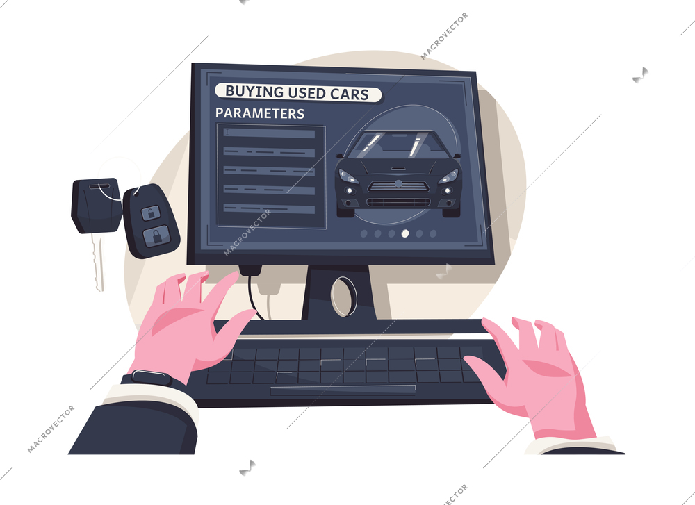 Used car sale composition with human hands and desktop computer marketplace for used automobiles vector illustration