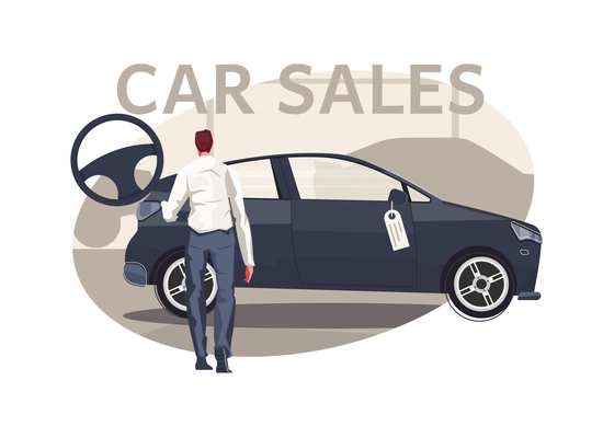 Used car sale composition with human character images of automobile and steering wheel with text vector illustration