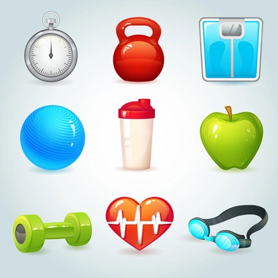 Sport and fitness realistic icons set isolated vector illustration