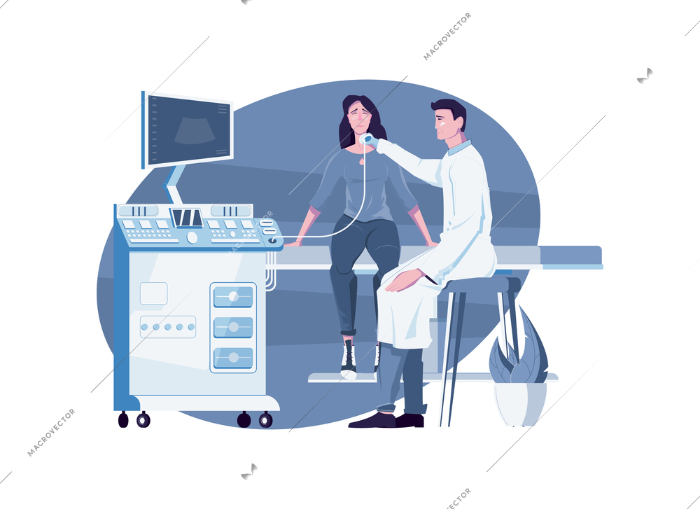 Medical examination composition with flat characters of patient with doctor and x-ray machine vector illustration