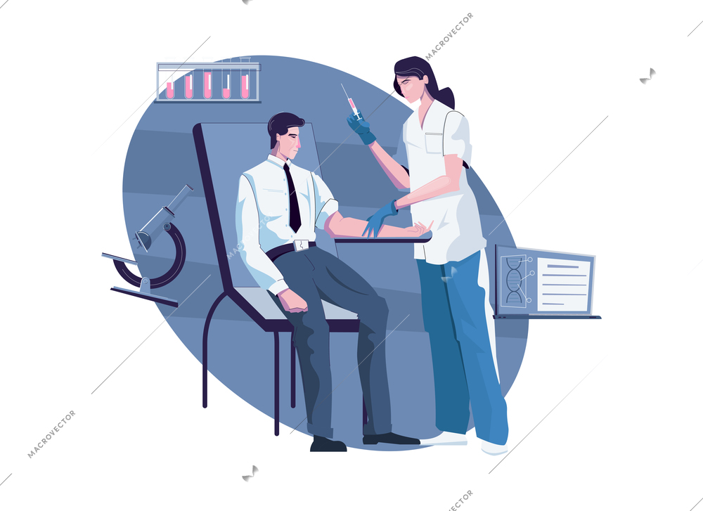 Medical examination composition with flat characters of patient with doctor holding syringe vector illustration