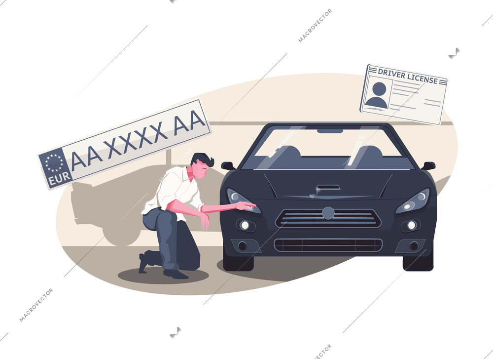 Used car sale composition with images of new license plates drivers license and human character vector illustration