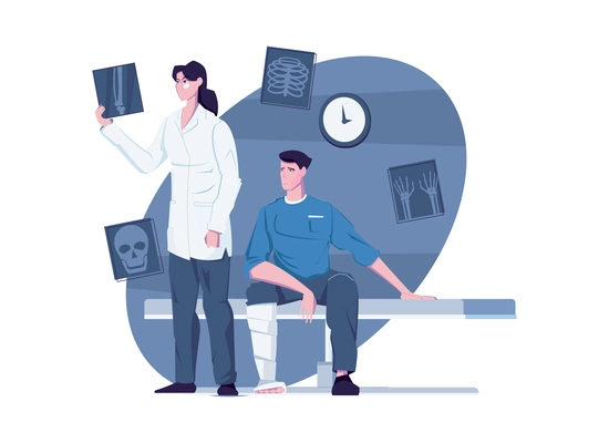 Medical examination composition with flat characters of patient with doctor looking at radiograms vector illustration