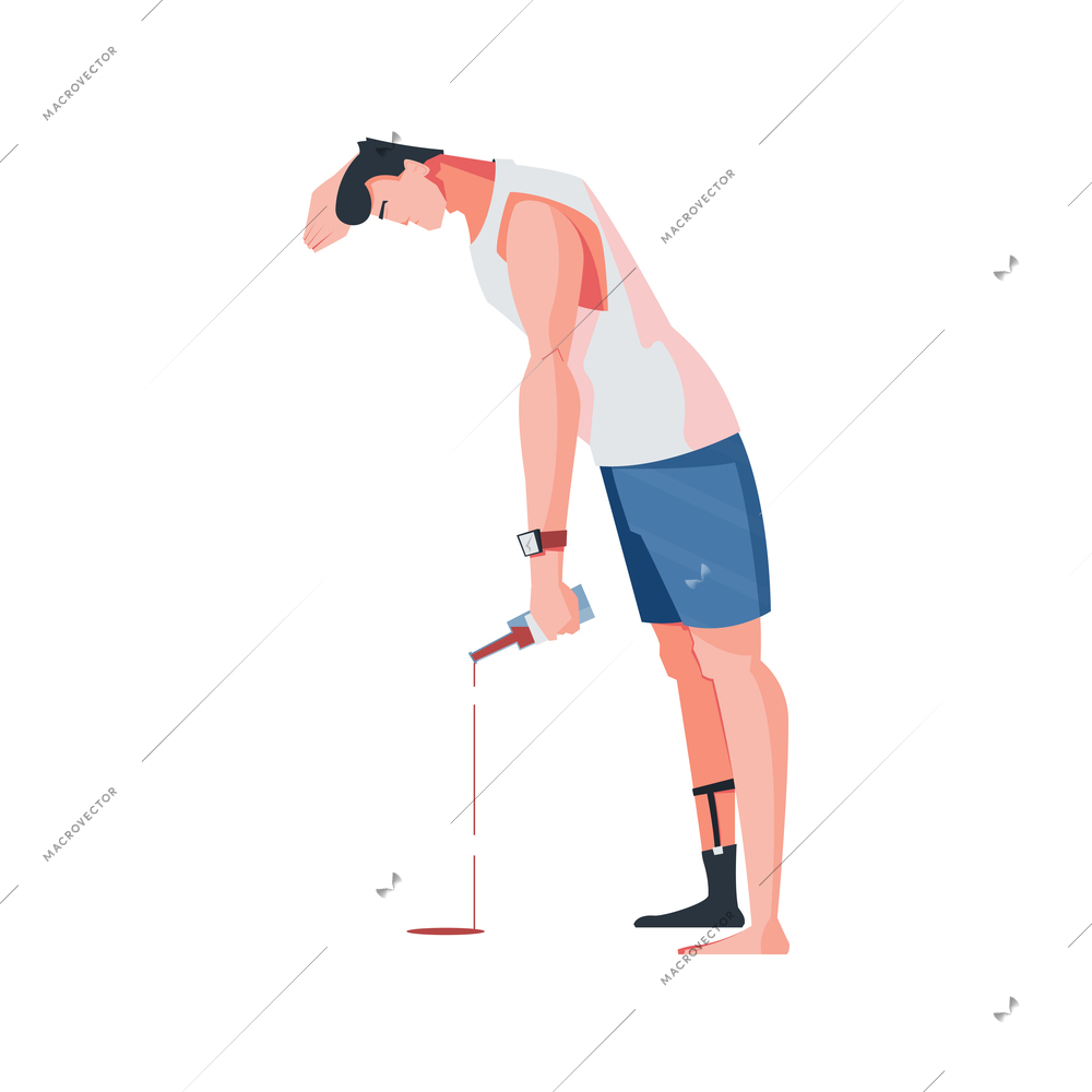 Addiction composition with flat male character pouring liquid from alcohol bottle vector illustration