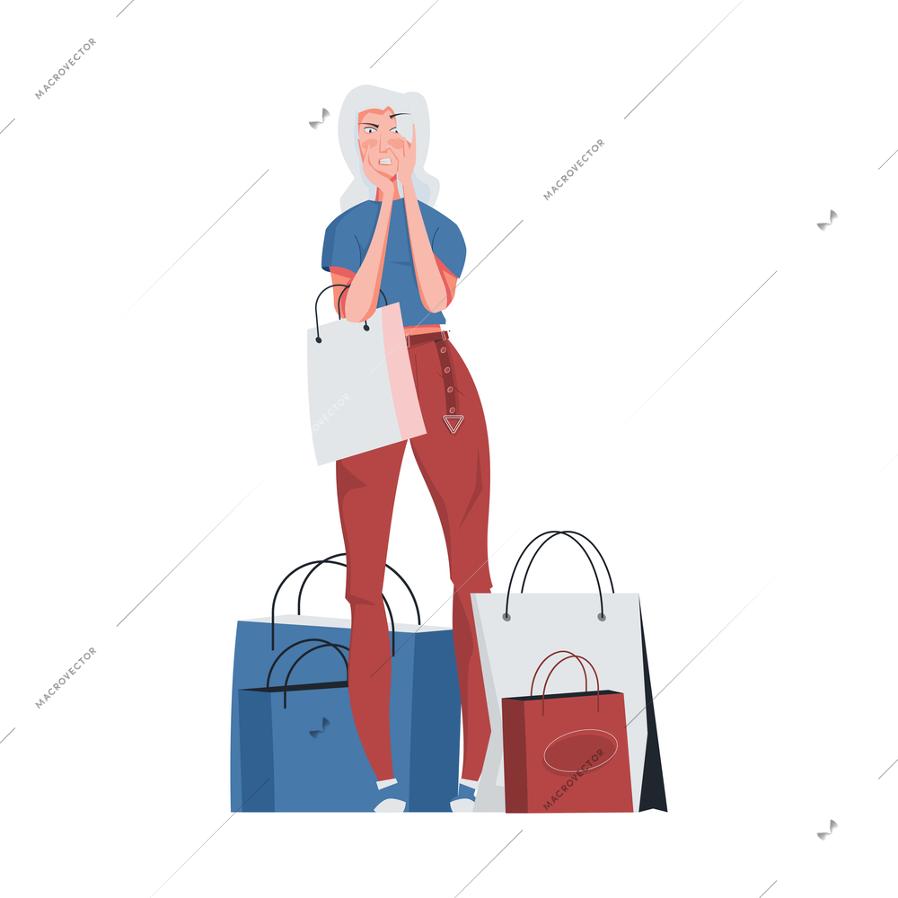 Addiction composition with flat character of greeding woman with paper shopping bags vector illustration