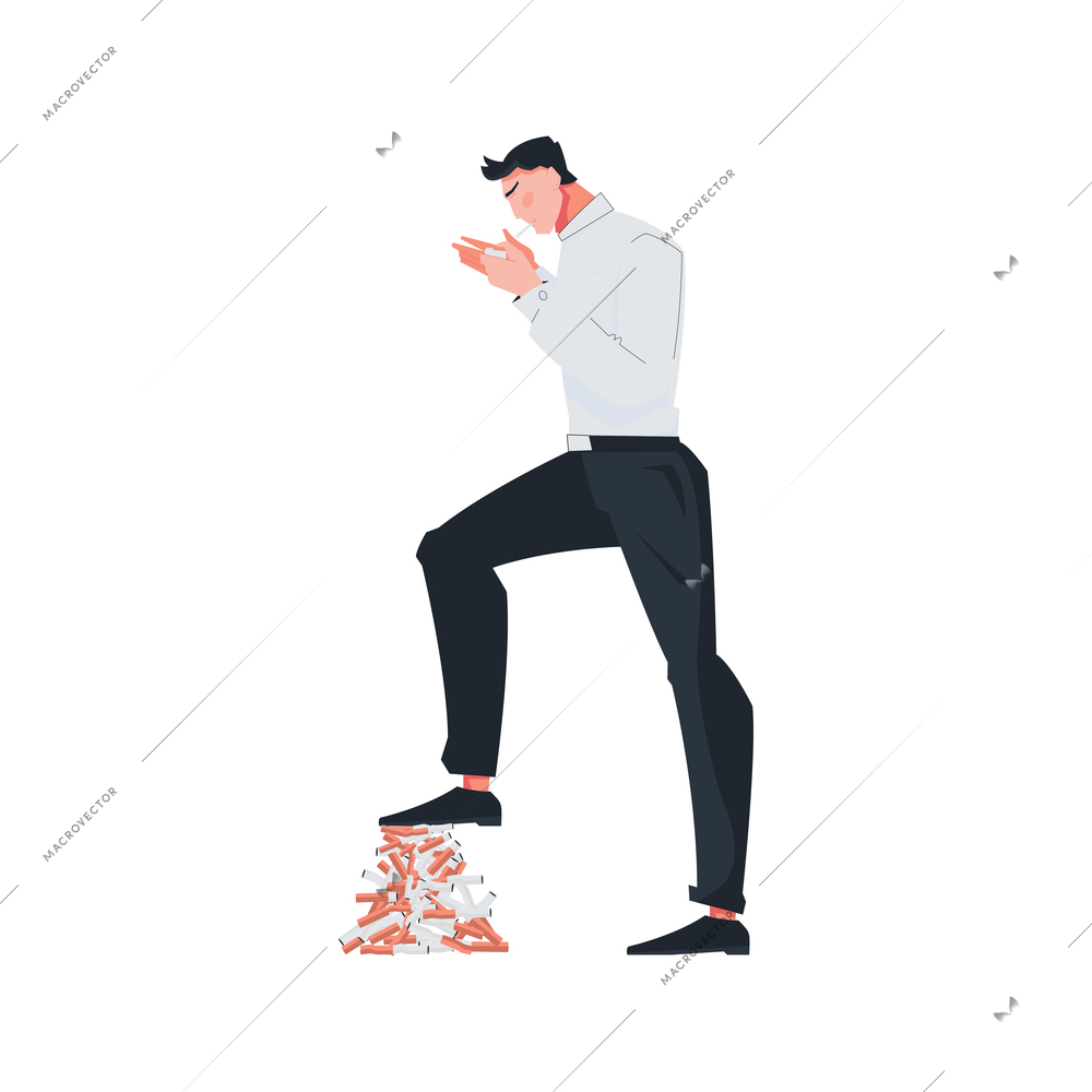 Addiction composition with flat male character treading pile of cigarettes under his foot vector illustration