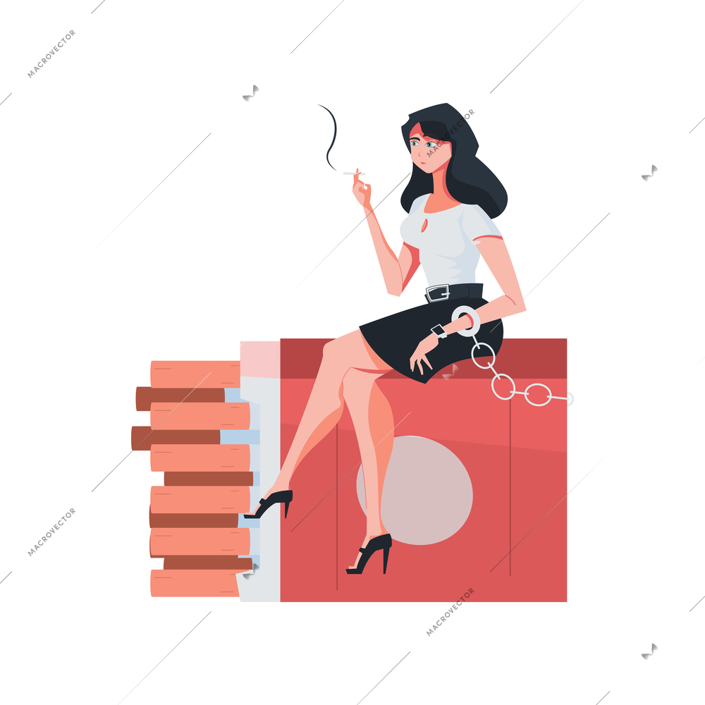 Addiction composition with flat character of smoking woman enchained to stack of cigarette packs vector illustration