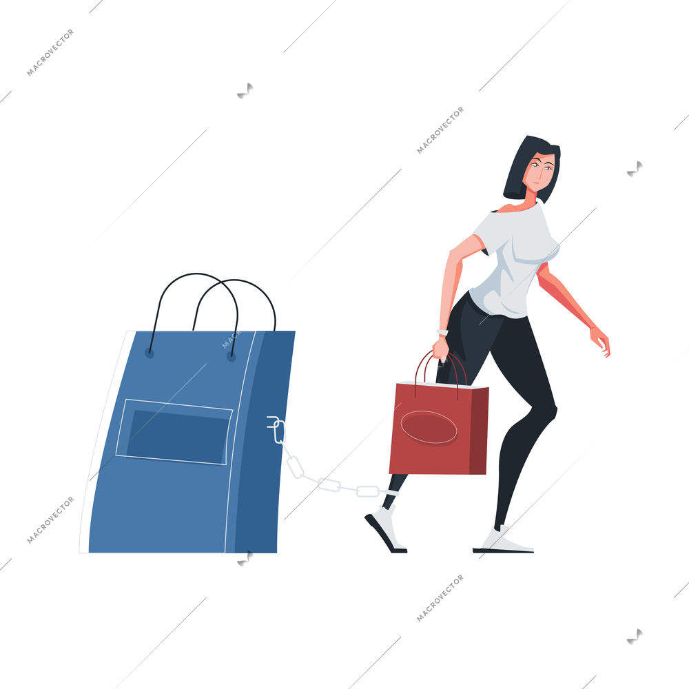 Addiction composition with flat human character of woman carrying paper shopping bags vector illustration