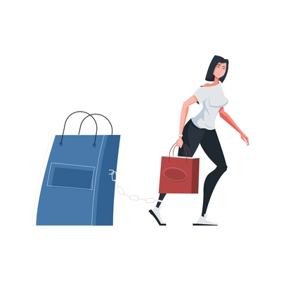 Addiction composition with flat human character of woman carrying paper shopping bags vector illustration