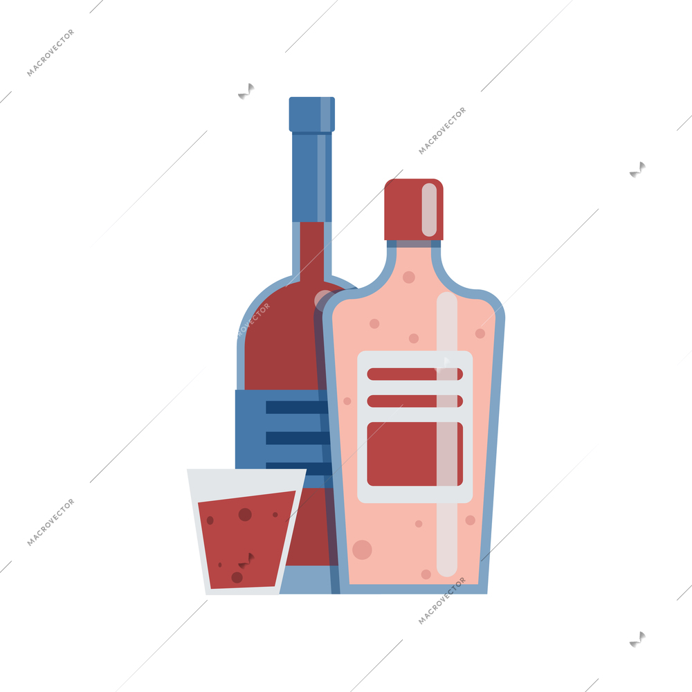 Addiction composition with images of colorful bottles of alcohol with full glass vector illustration