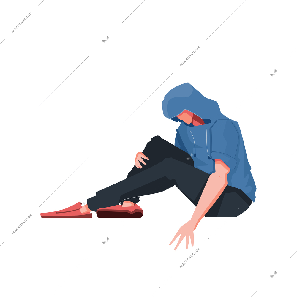 Addiction composition with flat human character of distracted person with hood up vector illustration