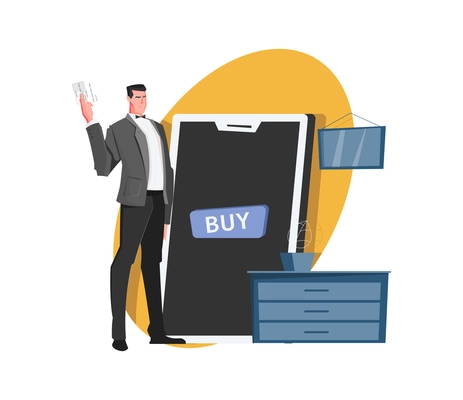 Online shop composition with flat icons smartphone with buy button and man with credit card vector illustration