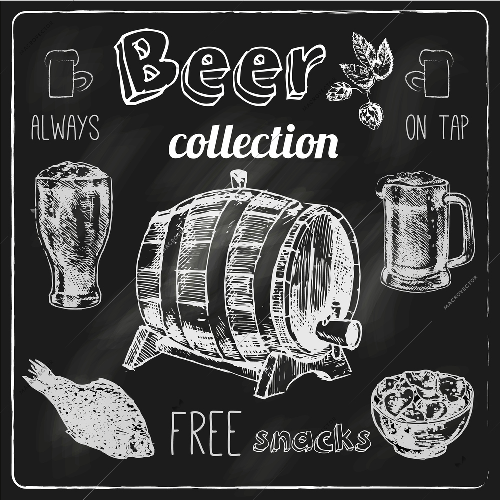 Always free salted snacks tap beer bar chalk blackboard advertisement icons collection sketch vector isolated illustration