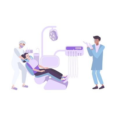 Dentistry composition with flat images and view of dental operation with patient doctor and assistant vector illustration