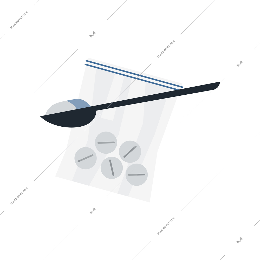 Addiction composition with ziplock pack of round pills with spoon for preparing drugs vector illustration