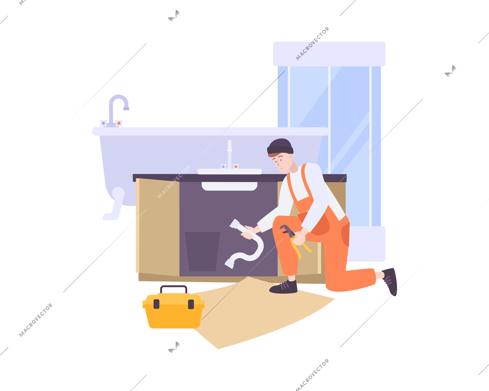 Plumbing composition with flat character of plumber at work with bathroom fixture images vector illustration