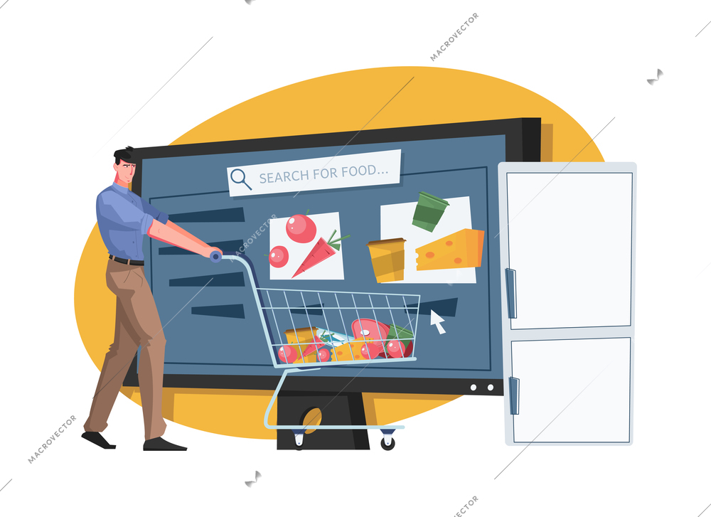 Online shop composition with flat icons of desktop computer with man and trolley cart with food products vector illustration