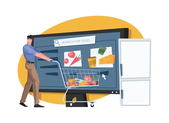 Online shop composition with flat icons of desktop computer with man and trolley cart with food products vector illustration