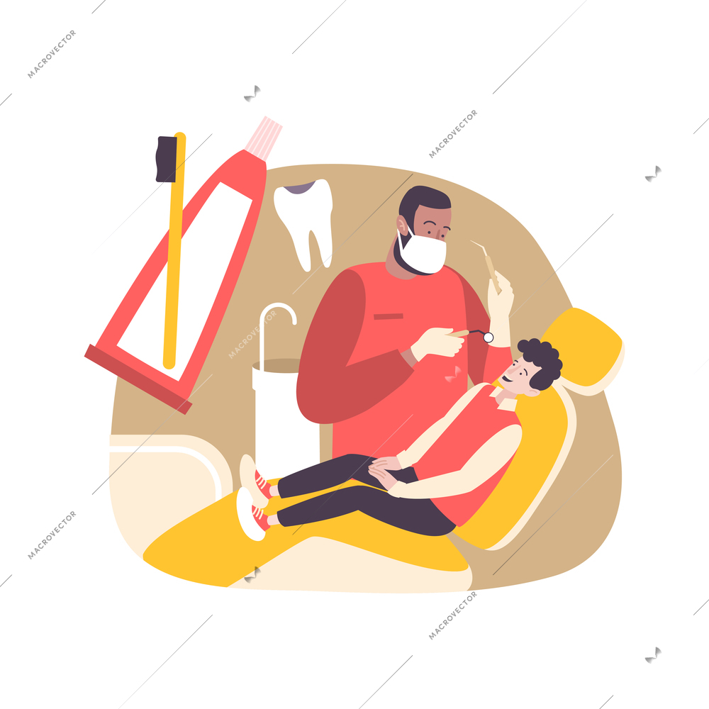 Dentistry composition with flat images of dental equipment and dentist with teenage patient vector illustration