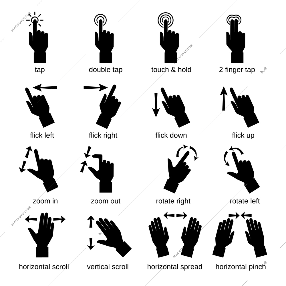 Touch interface hand gestures black icons set isolated vector illustration