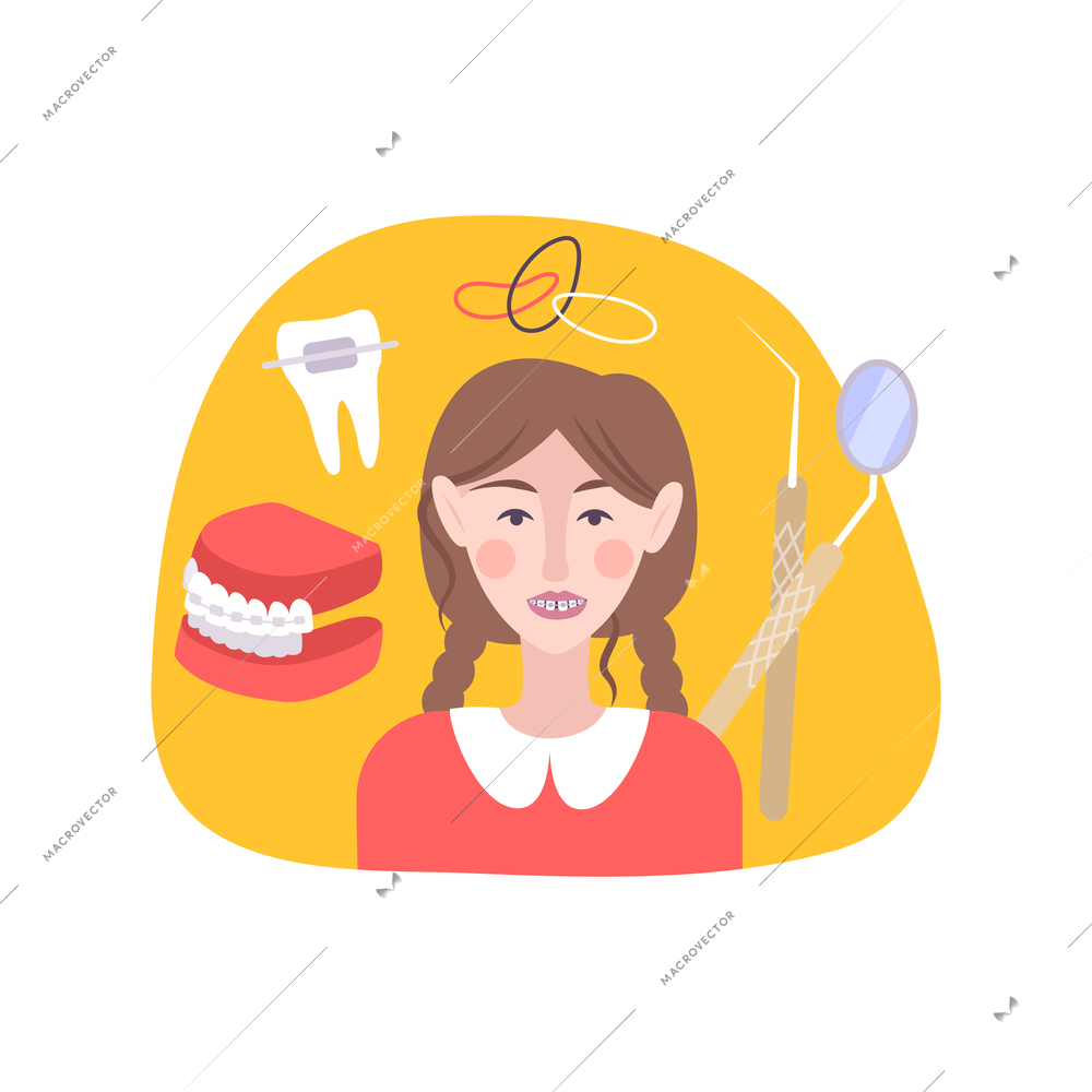 Dentistry composition with flat images of orthodontic equipment with braces and teenage girl character vector illustration