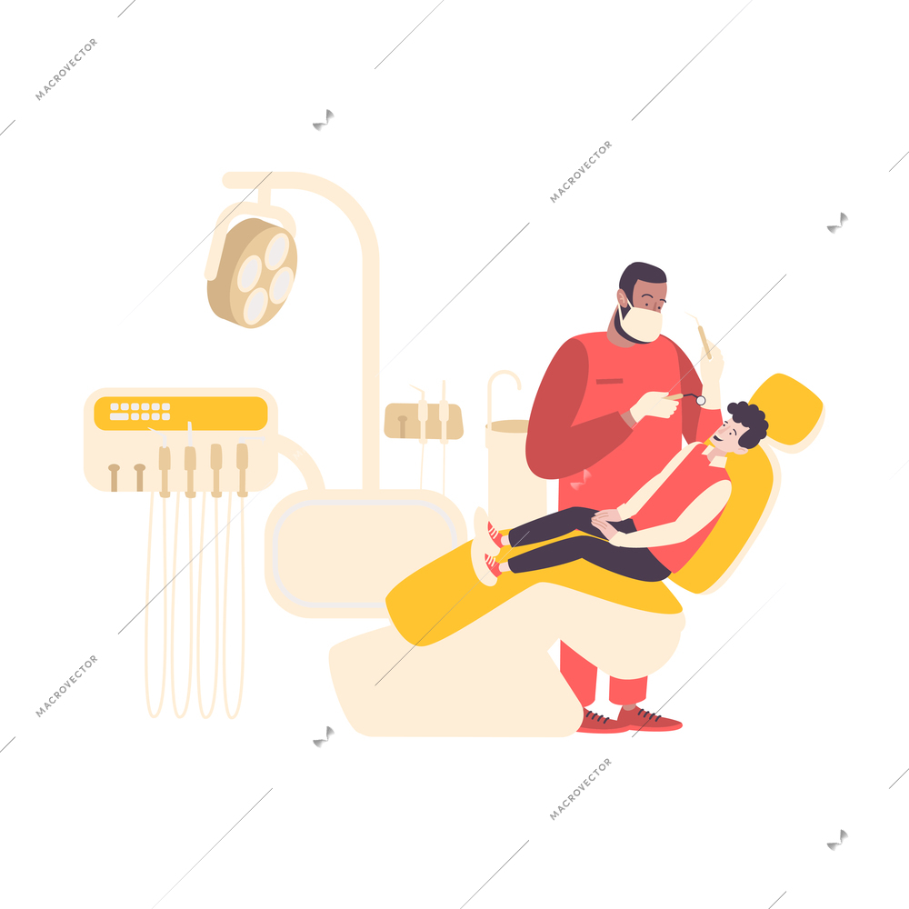 Dentistry composition with flat character of dentist with teenage boy lying on dental chair vector illustration