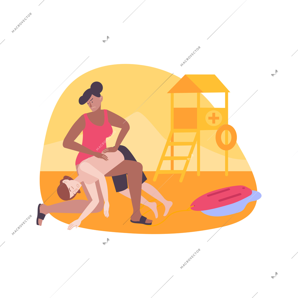 First aid flat composition with character of beach lifeguard resuscitating man pulled from water vector illustration