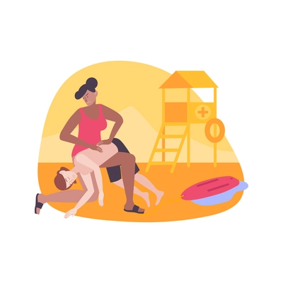 First aid flat composition with character of beach lifeguard resuscitating man pulled from water vector illustration