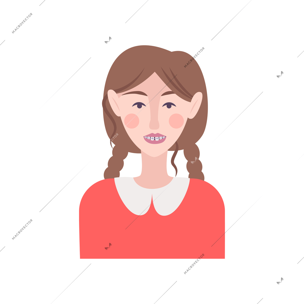 Dentistry composition with flat human character of teenage girl wearing braces on teeth vector illustration