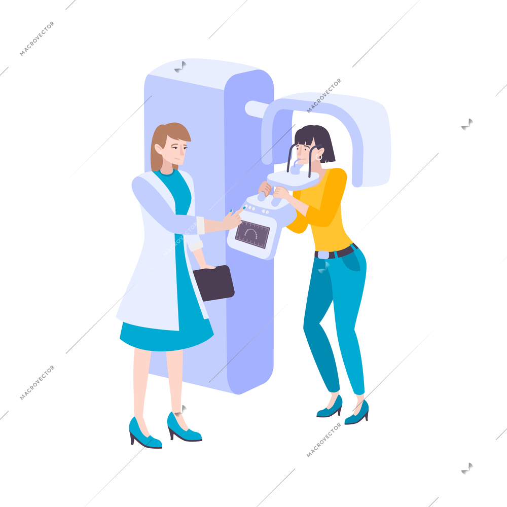 Dentistry composition with flat characters of doctor with patient and dental x-ray appliance vector illustration