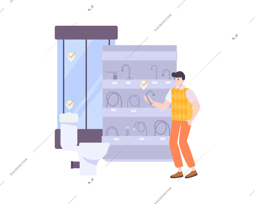 Plumbing composition with flat human character looking at plumbers shop display vector illustration
