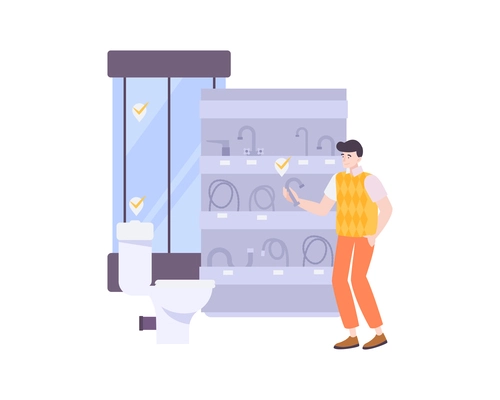 Plumbing composition with flat human character looking at plumbers shop display vector illustration