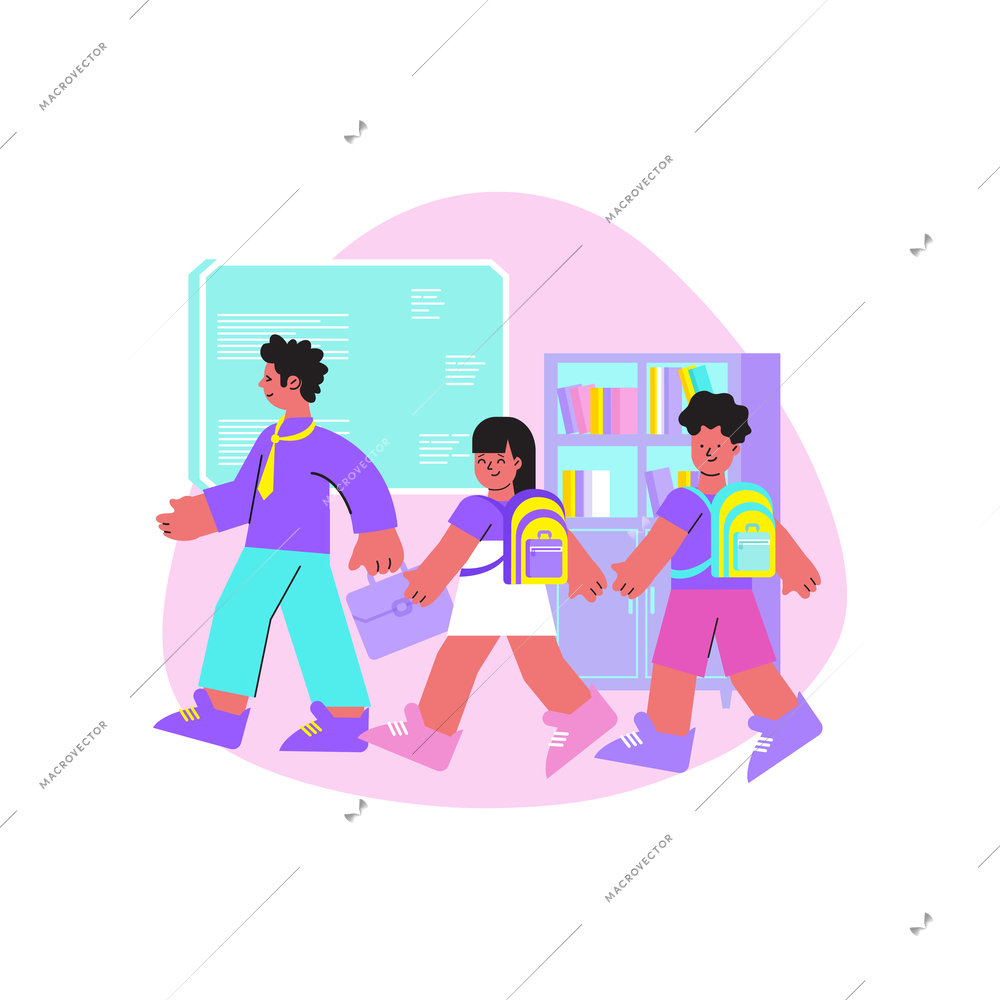 School flat composition with college classmate pupils walking carrying their things vector illustration