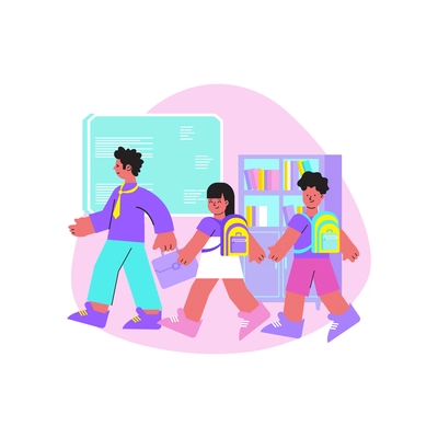 School flat composition with college classmate pupils walking carrying their things vector illustration