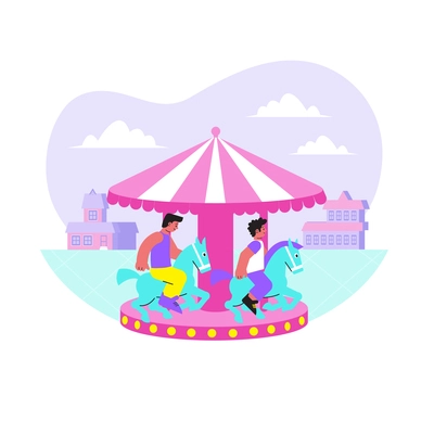 Entertainment center flat composition with happy children enjoying amusement park ride on carousel vector illustration