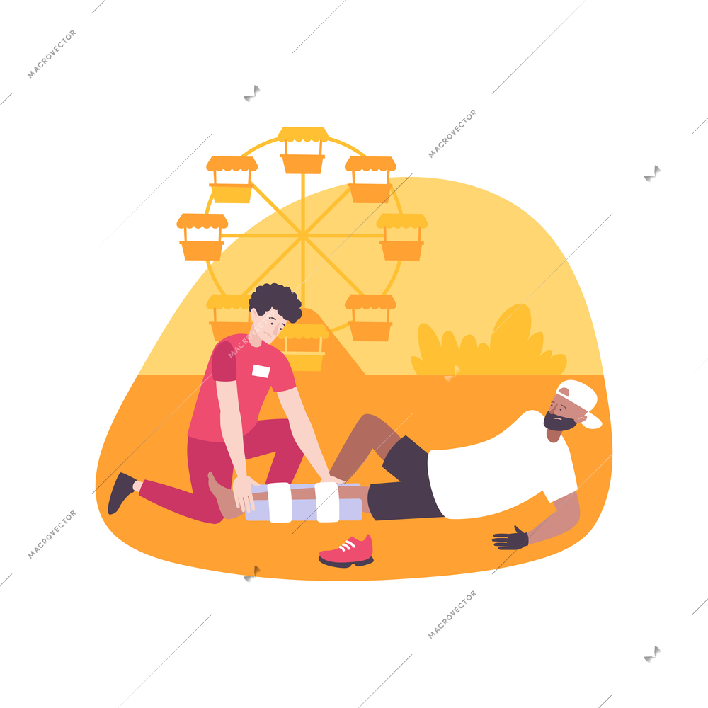 First aid flat composition with man splinting leg of person injured on carousel in amusement park vector illustration