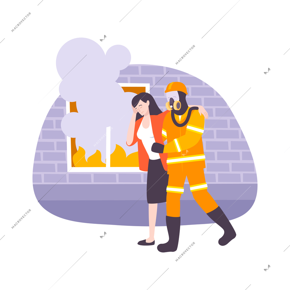 First aid flat composition with fire fighter character assisting woman to get out of fire vector illustration