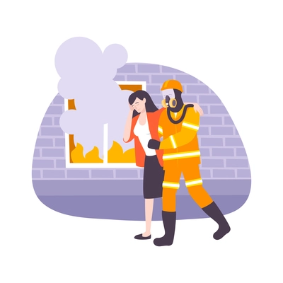 First aid flat composition with fire fighter character assisting woman to get out of fire vector illustration