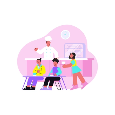 School flat composition with college classmate pupils having breakfast in canteen vector illustration